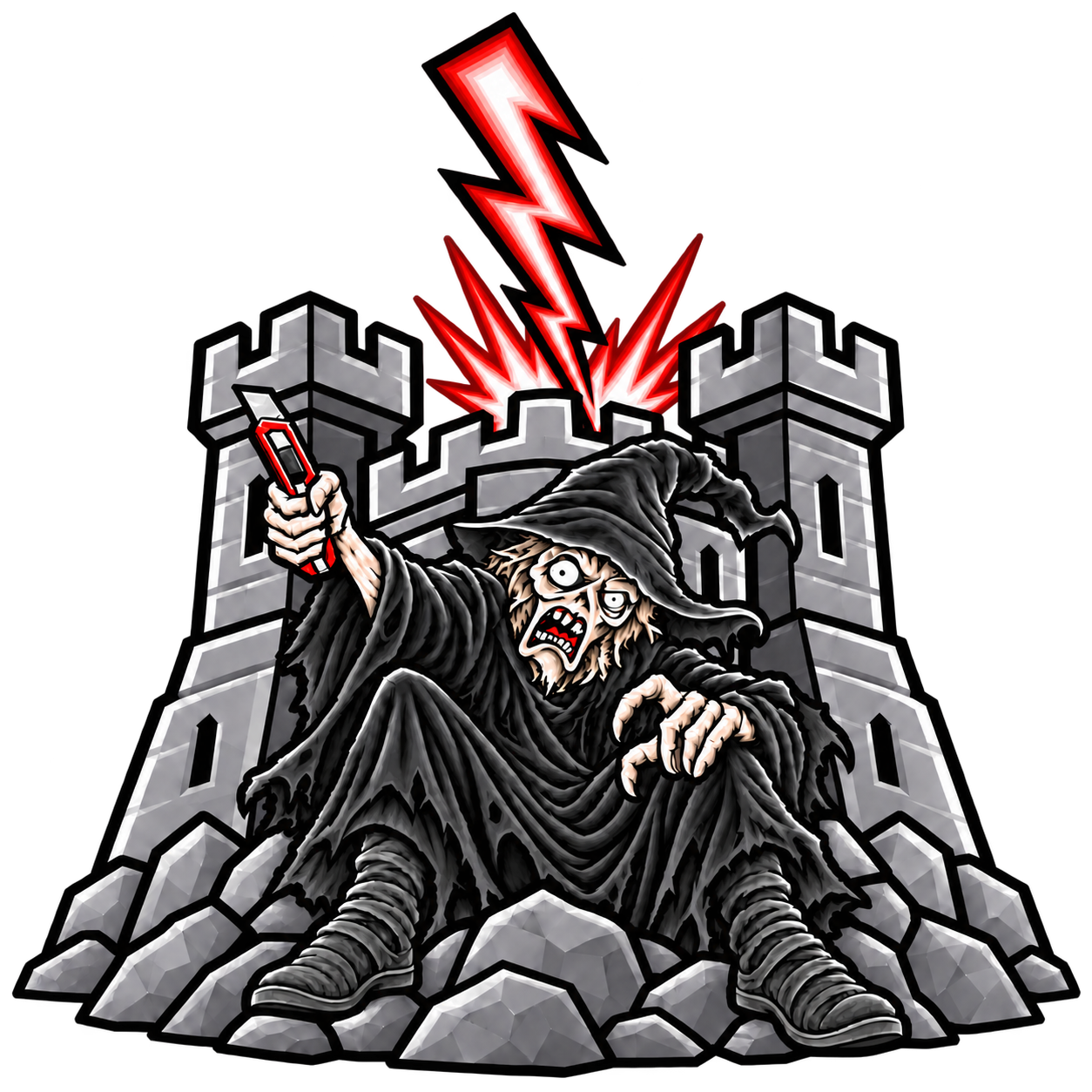Undead mage seated on rocks before a castle beneath a red lightning strike
